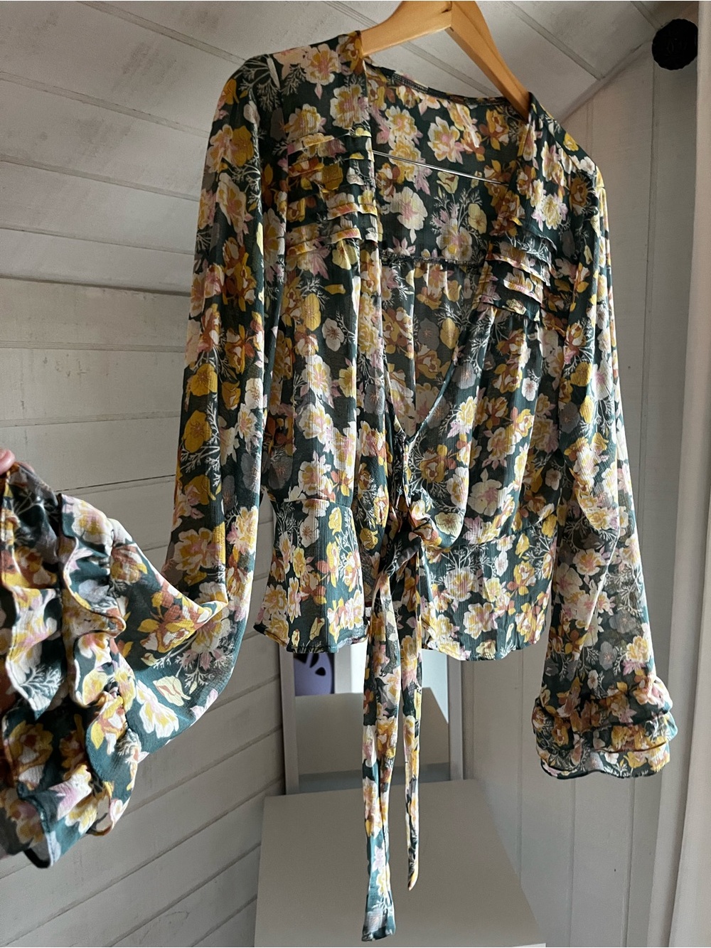 Free People Floral Tie-Front Sheer Top in Olive, Yellow, Pink